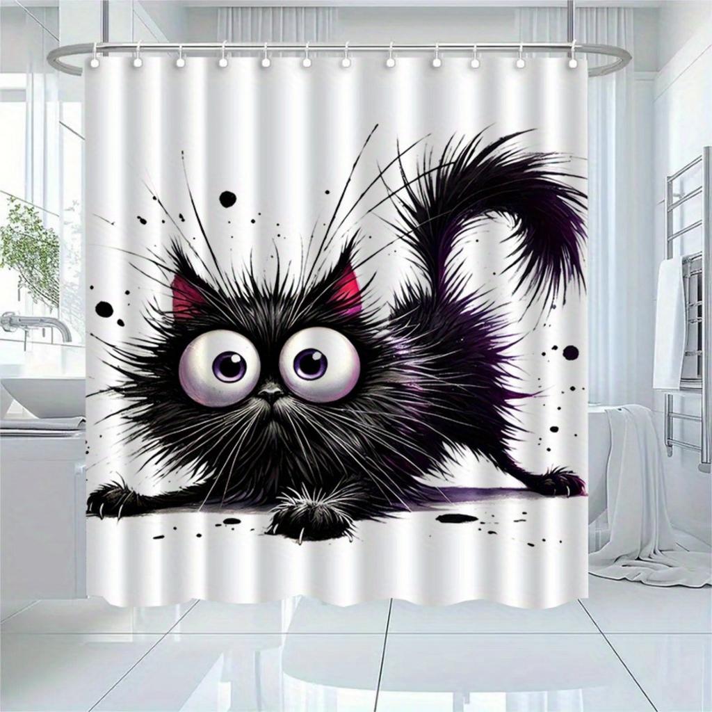 Cute Black Cat Shower Curtain Big Eyes Fluffy Fur Art Cartoon Animal Decor Waterproof Fabric Bath Curtain Set Home