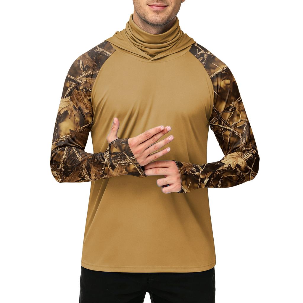 Men's Outdoor Casual Hooded Long Sleeve Sun Protection Shirt Lightweight Breathable Quick Dry Camouflage Print Top for Hiking Fishing