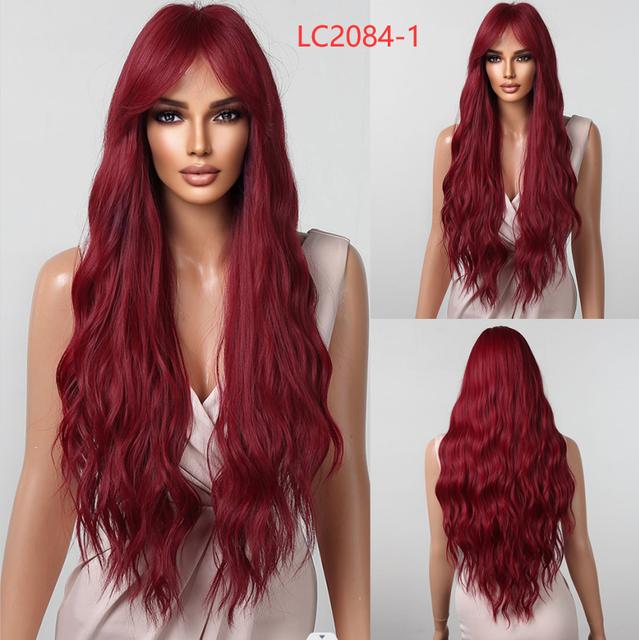 Lang Golvend Bordeaux Donkerrood Synthetisch Haar Pruiken met Pluizige Pony voor Vrouwen Wijnrood Body Wave Halloween Cosplay Natuurlijke pruik