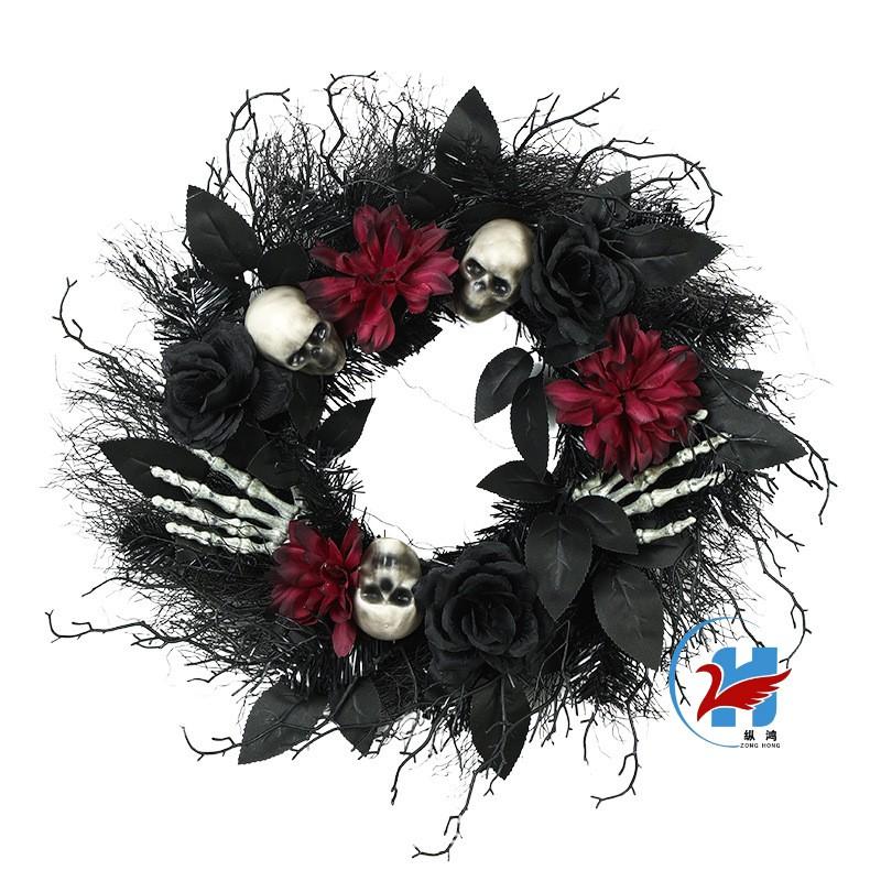 Halloween Wreath Decor With Dried Branches Rose Motif - Plastic Hanging Ornament Party Home Door Decoration