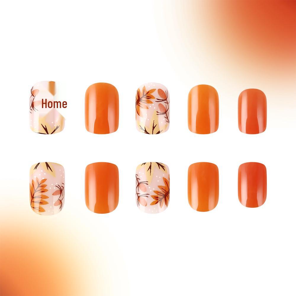 Short Glossy Nail Art: 24 Wearable Warm Color Leaf Stickers