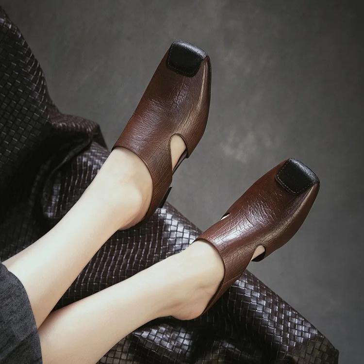 Johnature Retro Square Toe Thick Heel Fashion Slippers Breathable And Versatile Genuine Leather Women's Shoes