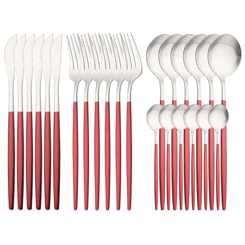 24 deler Matt Svart Gull Bestikksett Gaffel Skje Kniv Bestikksett Rustfritt stål Bestikk Komplett servisesett Kjøkken