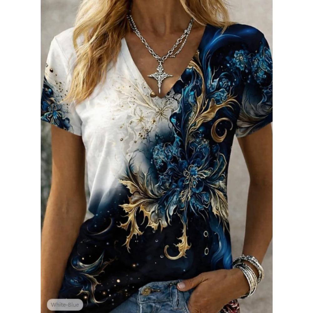Women Summer T Shirt Vintage Pattern Print Short Sleeve Tees Casual Printed Tops
