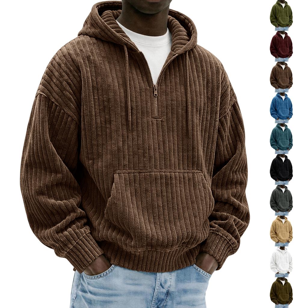 Men's Vintage Corduroy Half Zip Hoodie with Large Pockets