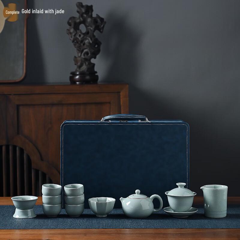 Gold Inlaid Jade Ceramic Kung Fu Tea Set