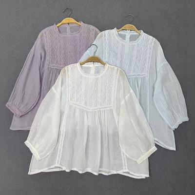 Summer Retro Pullover Lace Loose Three-quarter-sleeved Shirt Casual Thin Simple Women Blouses