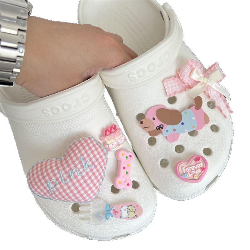Pink Grid, Heart-shaped Hole Shoe Buckle, Cartoon, DIY Accessory, Cute Bow, Detachable Shoe Flower, Decorative Accessories