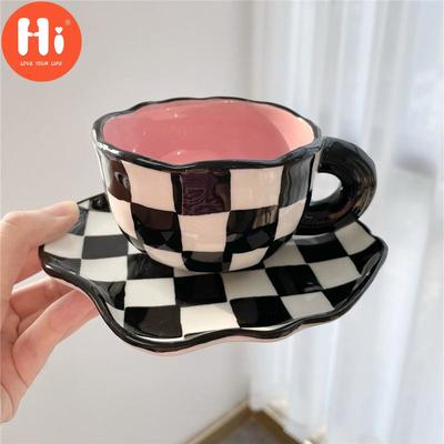 Hi Black and White Checkerboard Mug Ceramic Cup Coffee Cup Saucer Afternoon Tea Cup Creative Cup