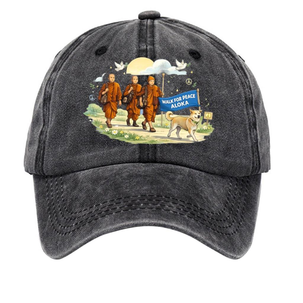 Washed Cotton Baseball Cap with Printed Distressed Soft Top Denim Hat, Vintage Hat