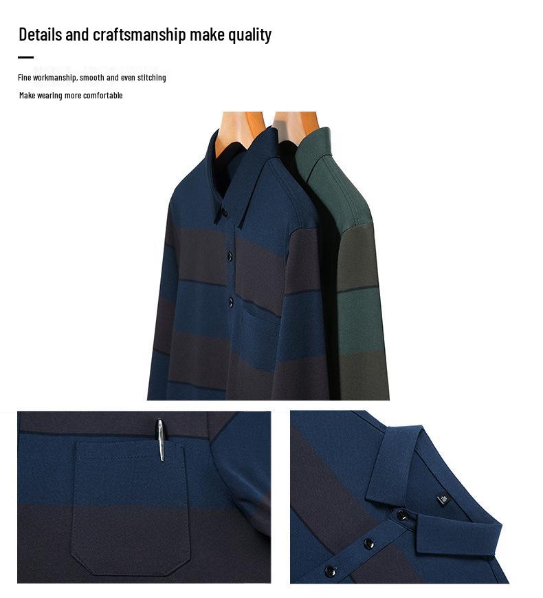 Men's Striped Long Sleeve Polo Shirt with Pockets - Casual Lapel Base Layer Top