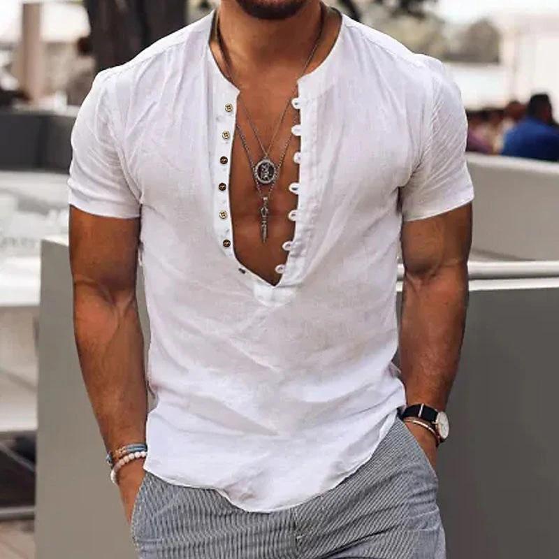 

Мужская льняная повседневная рубашка с V-образным вырезом, летняя повседневная одежда S белый