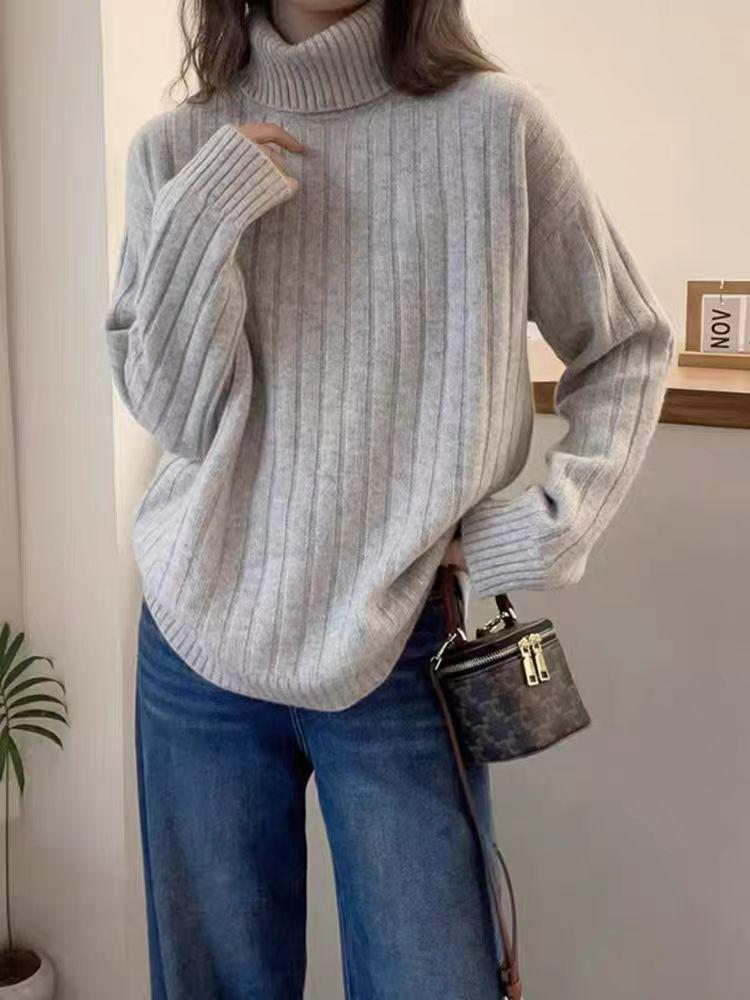 Women's Korean Style Thickened Wool Sweater - High Neck, Warm, Long Sleeve, Striped Knit Top for Autumn/Winter