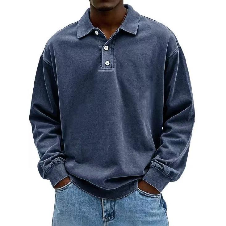 Men's Casual Versatile Long Sleeve Button Lapel Polo Shirt, Daily Business Commute Top