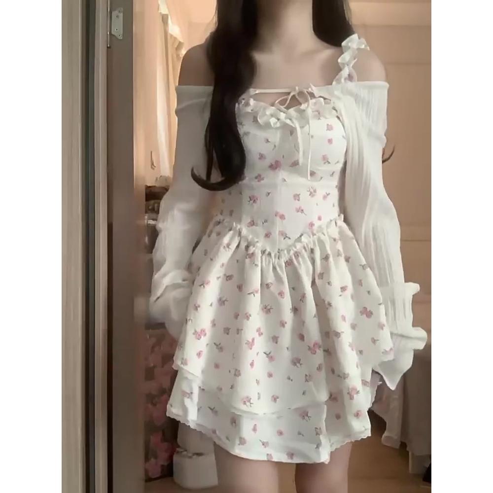 One-word Shoulder Floral Dress Women's Summer Casual Waist Niche Temperament A-word Fluffy Short Skirt