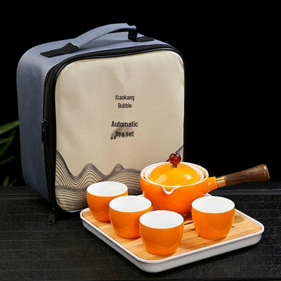 Portable Ceramic Kung Fu Tea Set with Bag – Includes One Pot, Four Cups, and Side Handle for Outdoor or Car Use