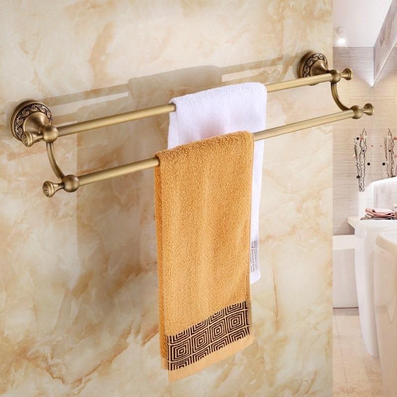 Solid Brass Carved Bathroom Wall Storage Towel Rack, European Antique Bath Towel Holder, Bathroom Hardware Accessory Set