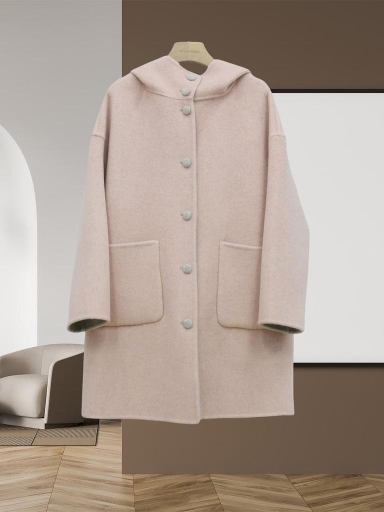 Reversible Korean Style Hooded Long Wool Coat, Light Colors, Thick Double-Faced Wool, Loose Fit, Slimming, High-End Outerwear.