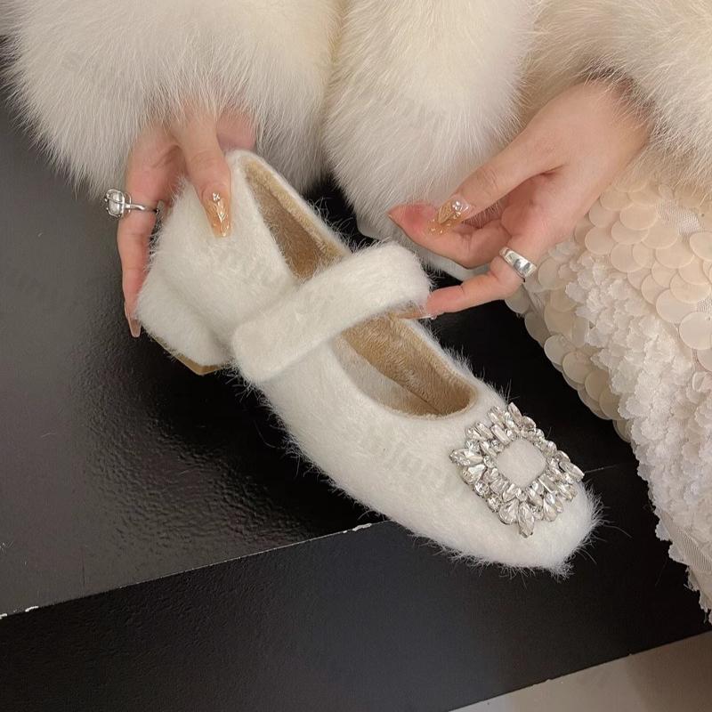 

Модные женские элегантные туфли с квадратным носком и мелким вырезом, с мехом, одинарные, 2025, осенние, теплые, удобные, универсальные, плюшевые Мэри Джейн из хлопка 35 бежевый