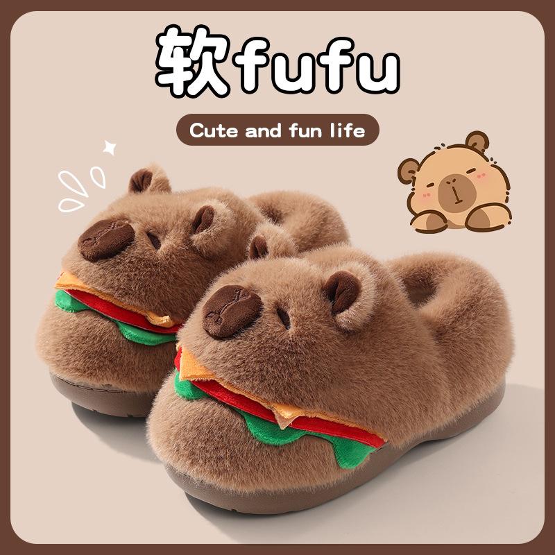 Cartoon hamburger cotton slippers women's autumn and winter plush warm thick-bottomed non-slip bag and plush slippers men