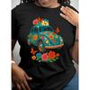 Womens Vintage Floral T Shirt Soft Stretchy Breathable Turquoise Floral Print Short Sleeve Round Neck Machine Washable Casual Party Top Retro Design