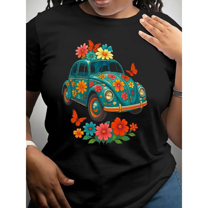 Womens Vintage Floral T Shirt Soft Stretchy Breathable Turquoise Floral Print Short Sleeve Round Neck Machine Washable Casual Party Top Retro Design