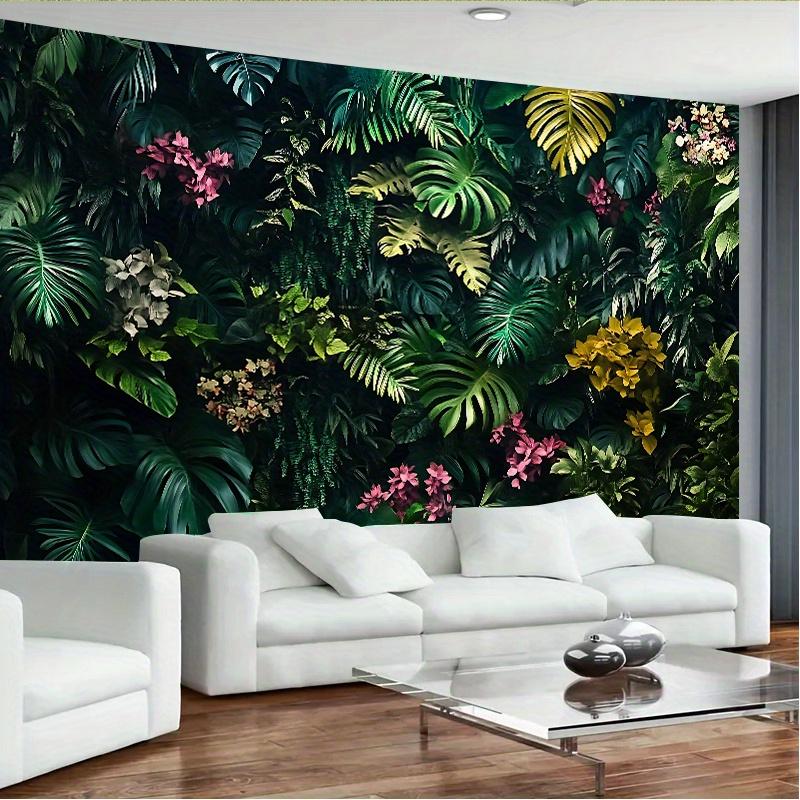 1 Vivid Tropical Plant Wall Background: Lush Green Leaves and Colorful Flower Banners