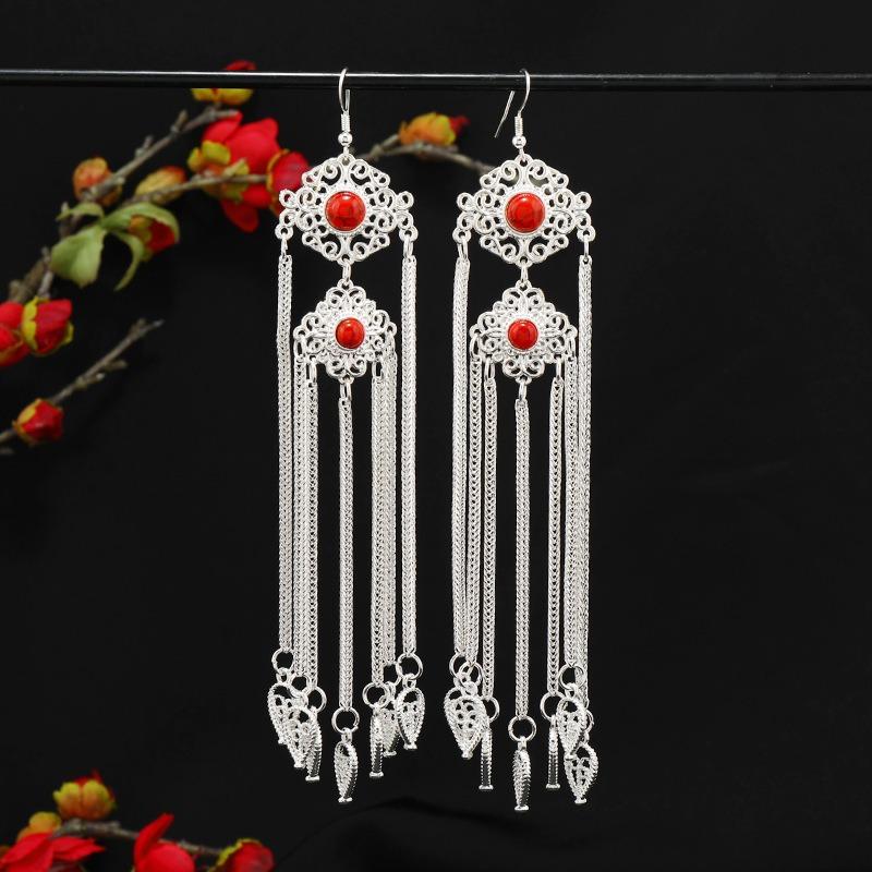 

Монгольские длинные серьги с бахромой женские ретро бирюзовые серебряные серьги тибетские экзотические сценические серьги