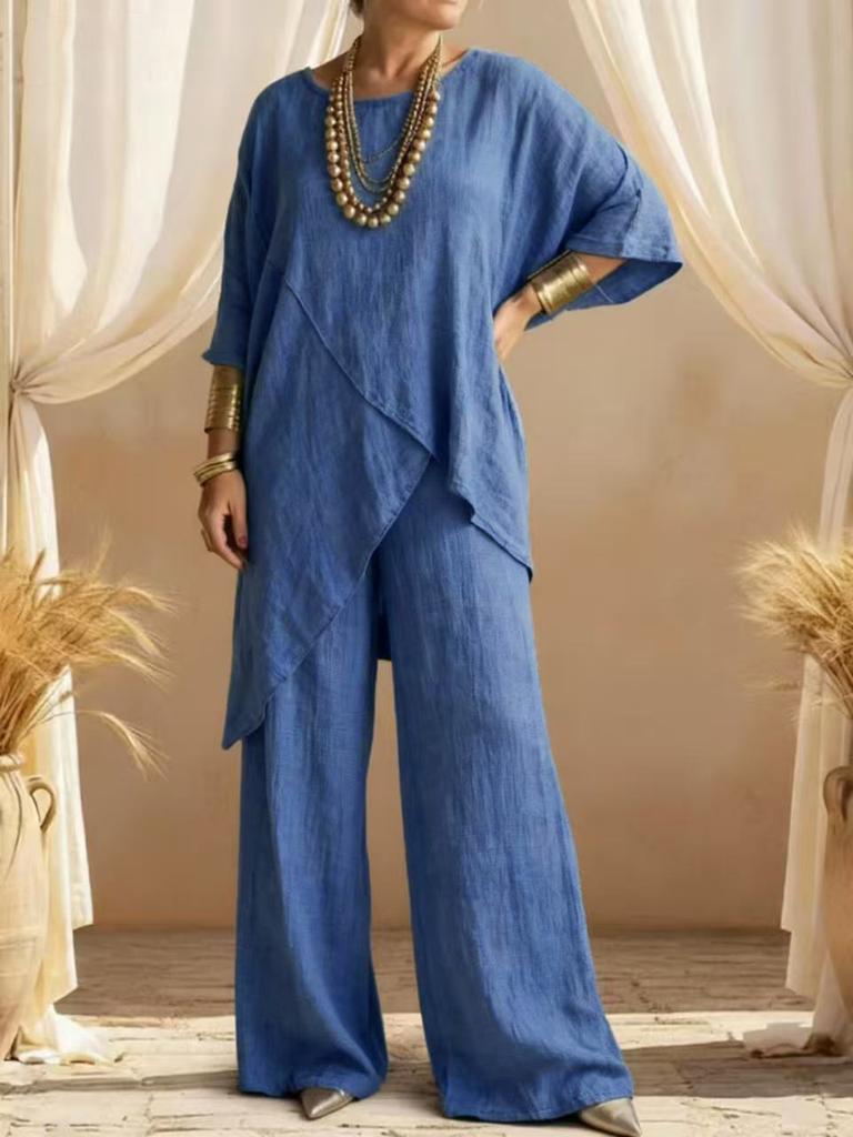 Dámský lněný dvoudílný set Asymetrický top & Široké kalhoty Ležérní letní outfit