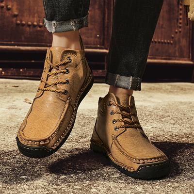 Brand Leather Casual Men Square Toe Boots Hand Made New Winter Plus Velvet Warm Ankle Boots Plus Size 38-48 Men Outdoor Sneakers