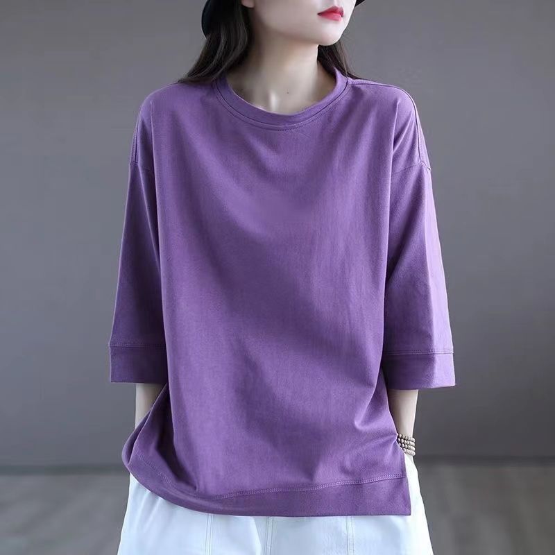 

Cotton Spring & Fall New Arrival Tops 3/4 Sleeve round Neck Floral Print Mid-Length Sleeves New Chinese Style Casual T-shirt Bottoming Shirt for Women Purple (pure color) M (within recommended 55.00kg)