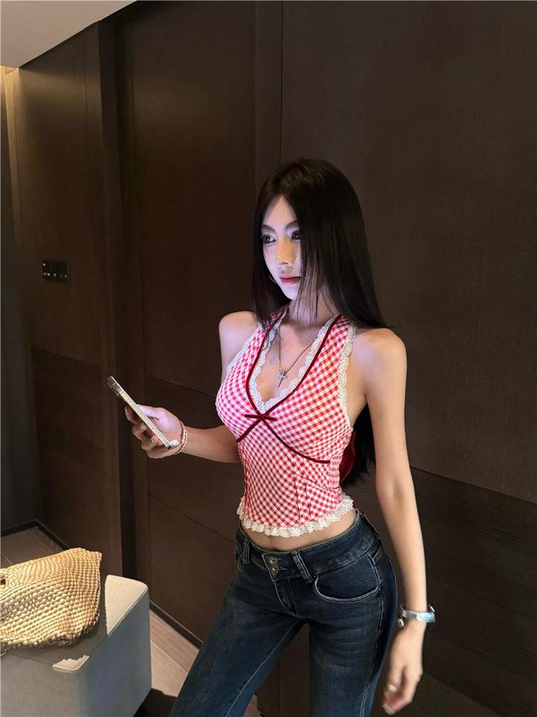 Pure & Sexy Red Plaid Lace Halter Top - Women's Summer Tank