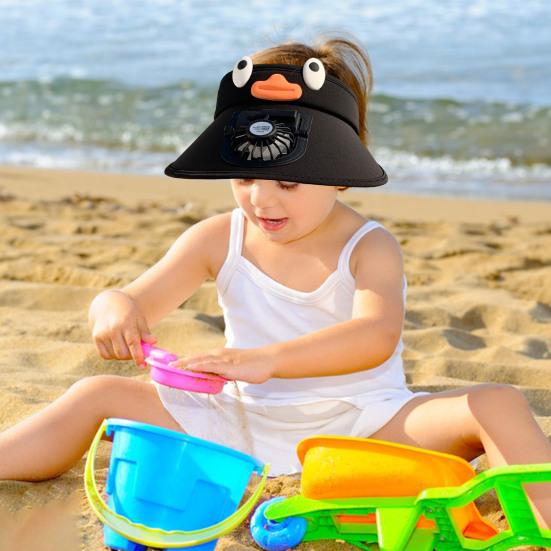 Kids Hat with Built-in Fan Cartoon Shape Oversized Brim UV-Resistant Sun Hat Cartoon Style Adjustable Wind Speed Hat
