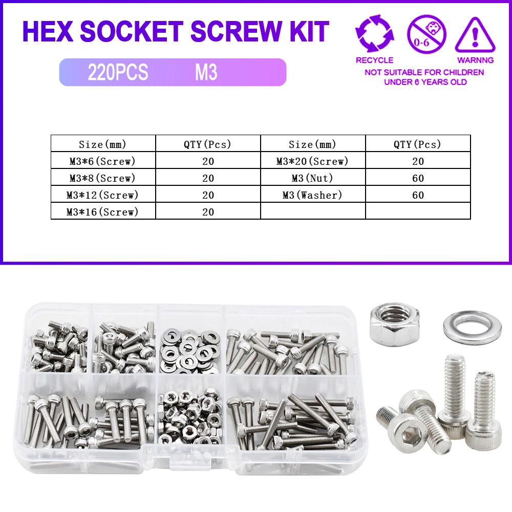 304 Stainless Steel Hex Socket Screw Bolt Nut Washer Set M2 M3 M4 M5 M6 Metric Thread Metal Machine Screws Gasket Assortment Kit