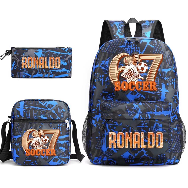 Cr7 Ronaldo 67 Patroon Schoolrugzak Set met Schoudertas en Etui voor Tieners Kinderen Meisje Jongen Lichtgewicht Ruime Schooltas