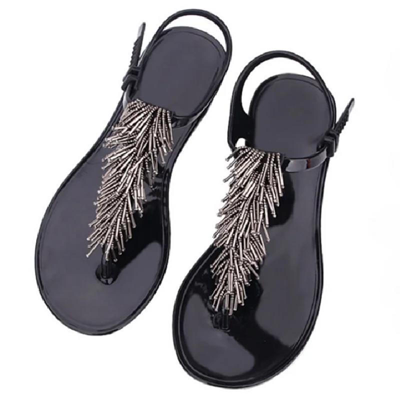 Fashion Colourful String Bead Decoration Design Flat Slippers Women Summer Sexy Clip Toe Ankle Strap Buckle Slipper Comfort Beach Sandal