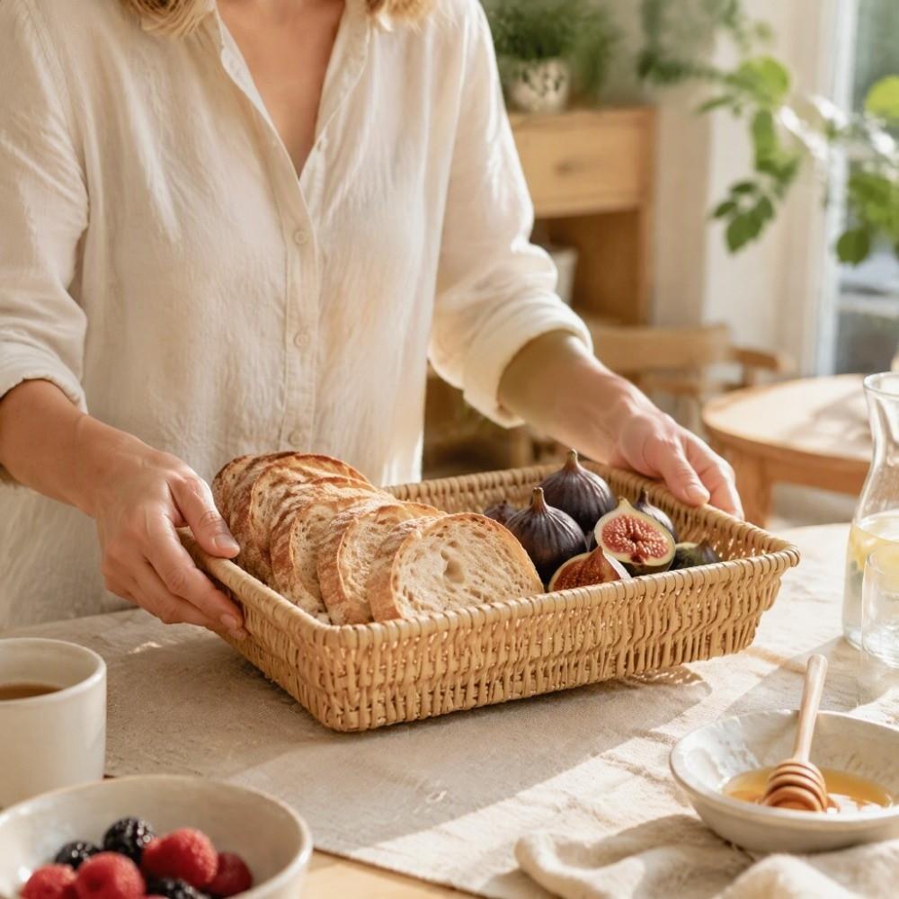 Wood Color Woven Serving Tray Rectangle Multifunctional Storage Basket Home Organization