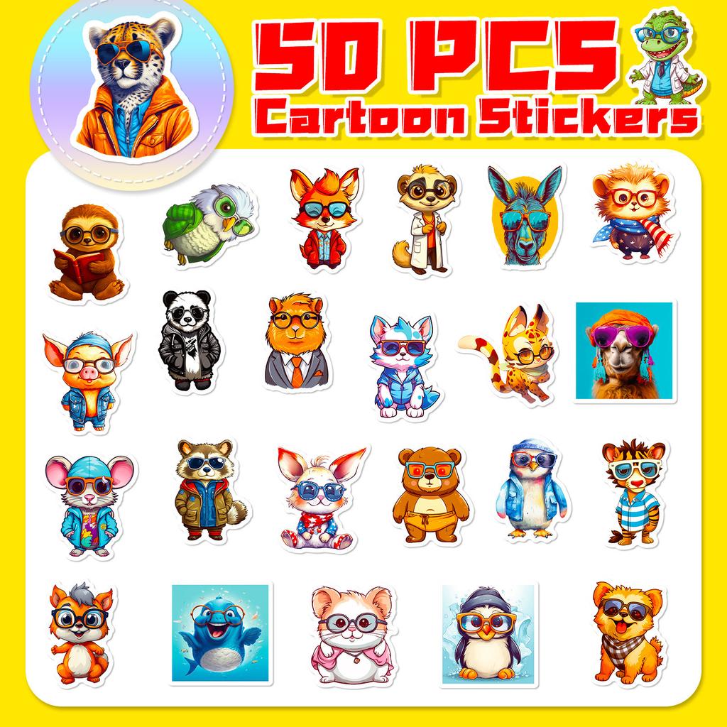 50 Small Pet Stickers with Glasses In Animals with Glasses Doodle Cartoon Waterproof Suitcase Water Cup Refrigerator Stickers