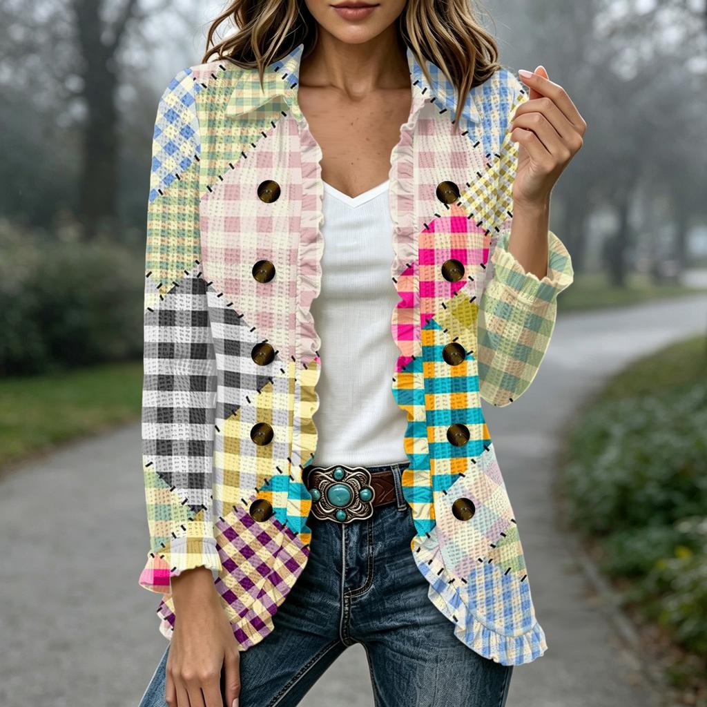 Women's Fashion Plaid Print Long Sleeve Ruffled Open Front Jacket