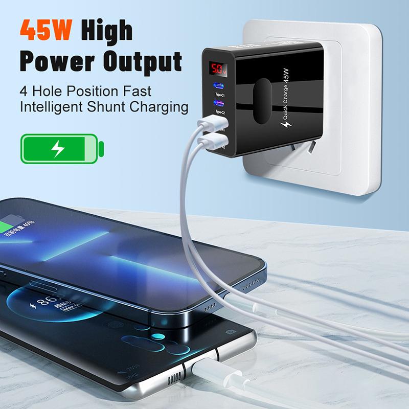 45W Pd Usb Fast Charging Type C 4 Ports Quick Charger 3.0 For Iphone 14 13 Pro Xiaomi Samsung Oneplus Cell Phone Wall Adapter