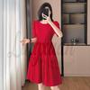 2026 Summer Women's Plus Size Red A-Line Short-Sleeve Waist-Cinched Dress