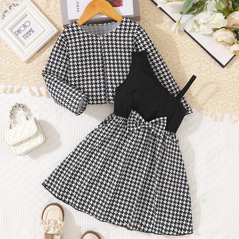 Girls' Houndstooth Two-Piece Set: Long-Sleeve Jacket with Bow A-Line Skirt