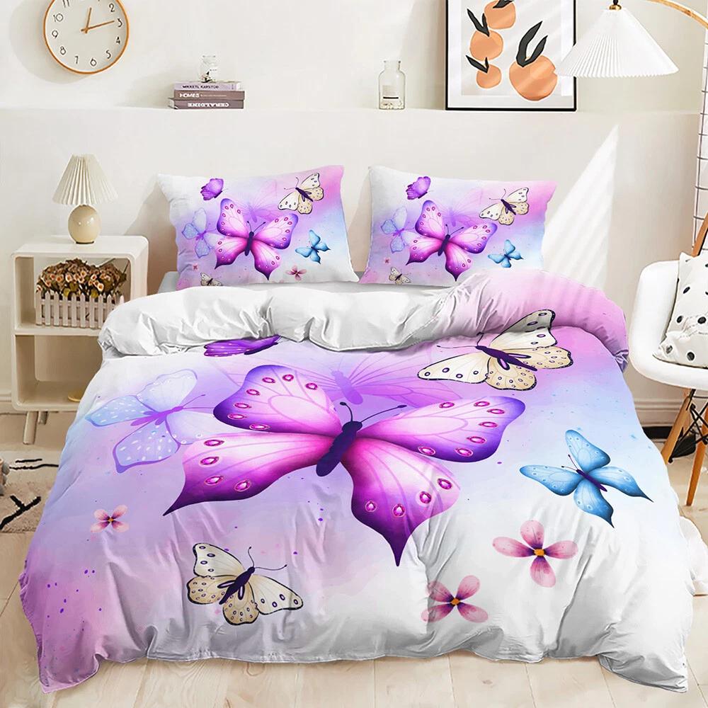 

Pastel Purple Butterfly Floral Bedding Set, Dreamy Gradient Duvet Cover Set, Romantic Home Textile, Perfect Gift for Bedroom Decor Baby 100x135cm