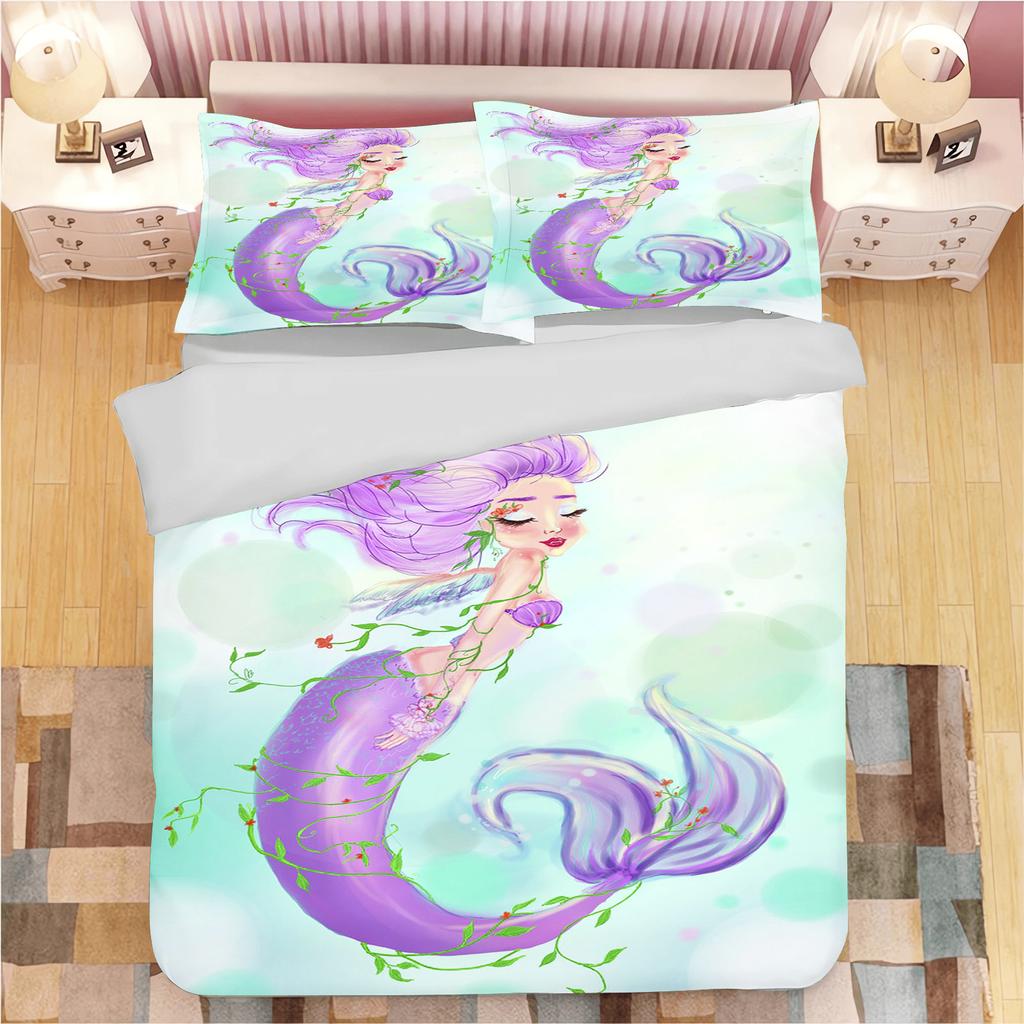 Mermaid Cartoon Printed Quilt Cover Soft Breathable Bedding Set Custom Design for Children Baby Bedroom Home Decoration
