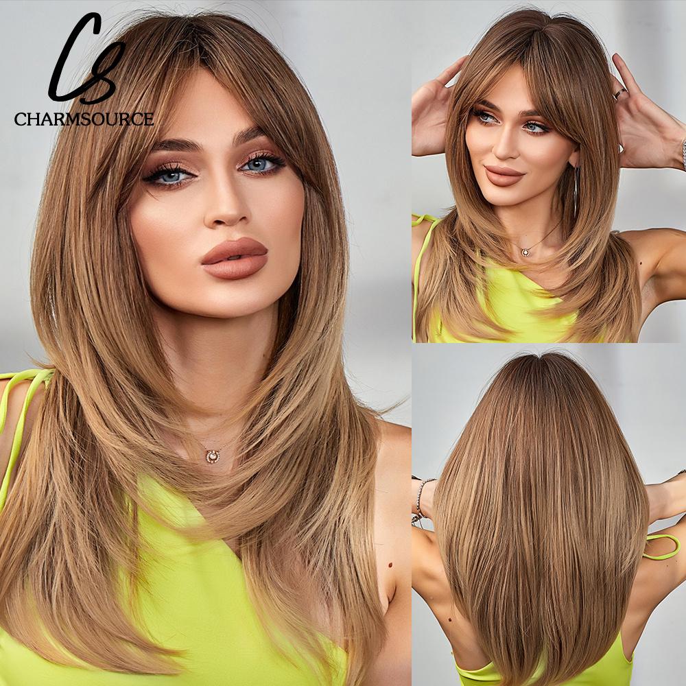 Natural Wavy Blonde Synthetic Wigs Medium Length Layered Hair with Side Bangs for Women Daily Party Cosplay Heat Resistant Fiber