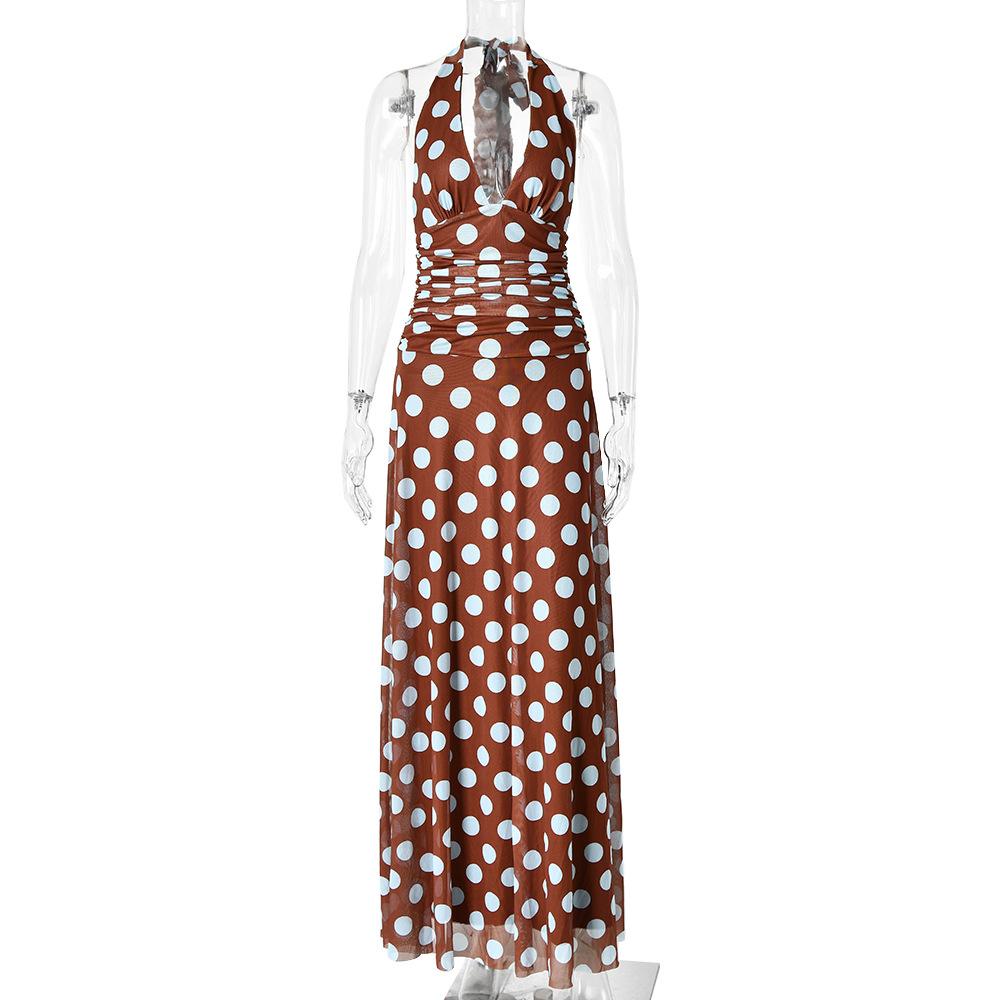 French retro elegant temperament polka dot neck V-neck dress sexy hottie backless strap waist long dress women