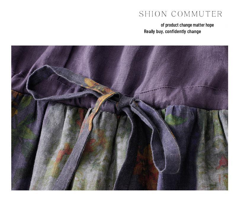 2026 Summer Retro Ethnic Printed Color Block Artistic Travel Loose Slimming Mid-Length Dress for Women