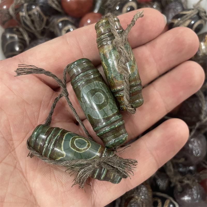 Three-Eyed Jade Green Huiwen Dzi Agate Beads