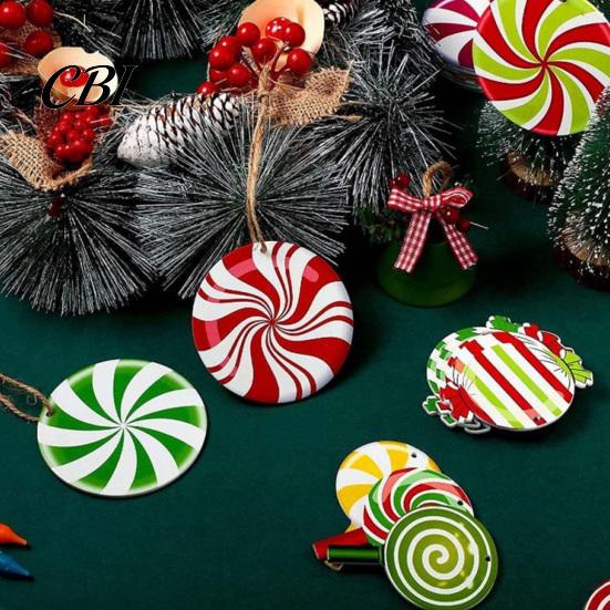 Colorful Lollipop Pendants Wooden Christmas Balls, Candy Stripe Tree Hanging Ornaments, Ornaments Macaron Color Festive Pendant for Holiday Home Party