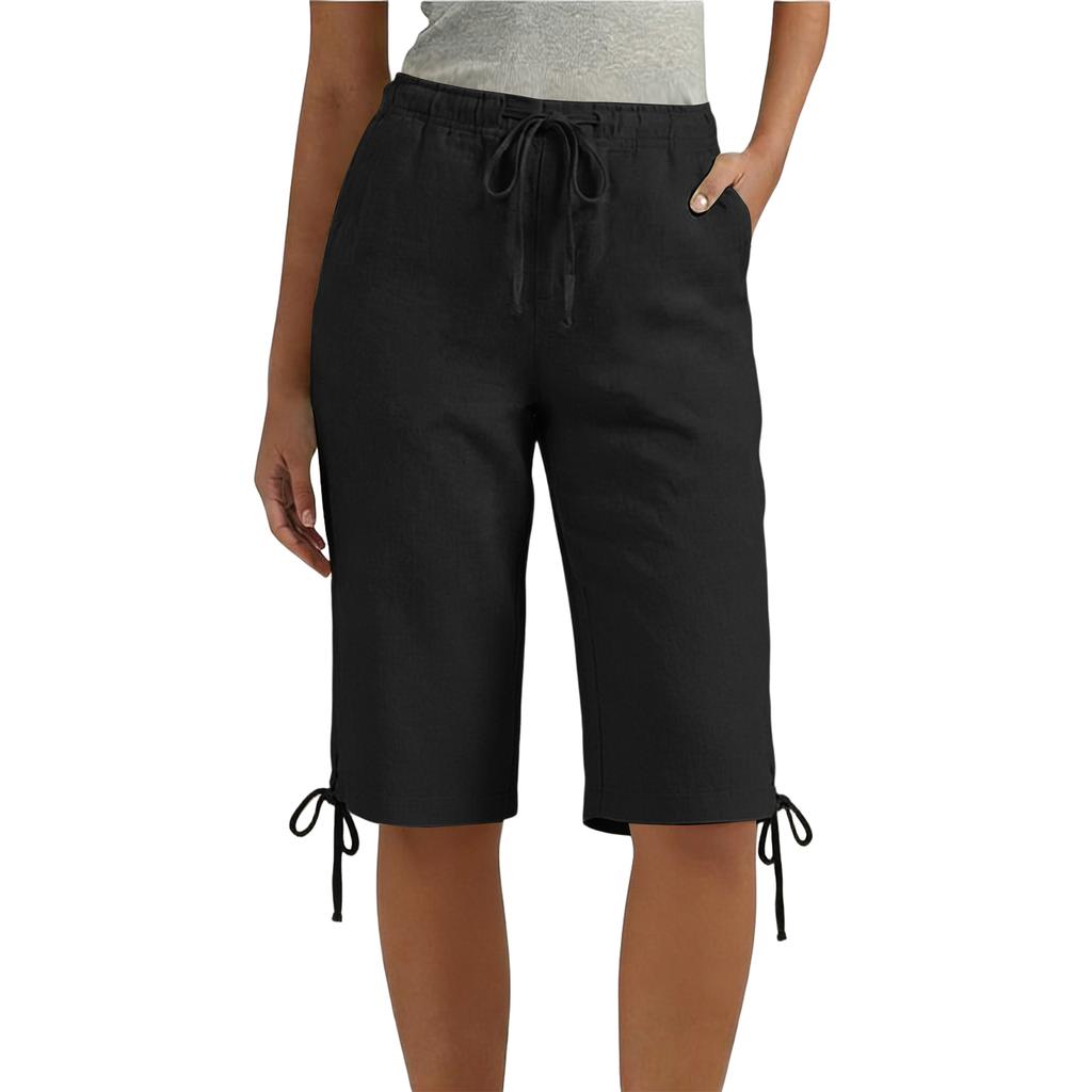 Ladies' casual and fashionable loose waist drawstring five quarter pants with pockets